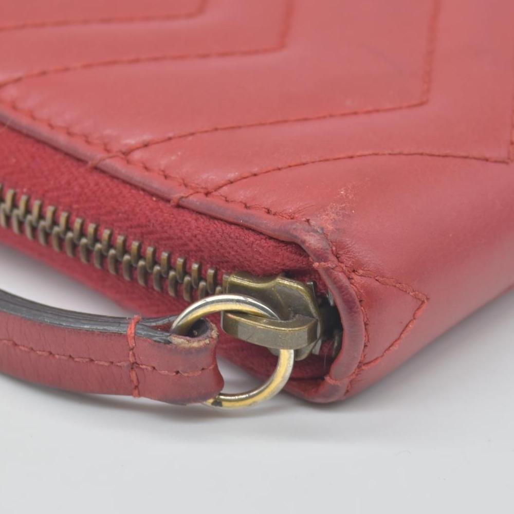 $830 Gucci Calfskin Matelasse GG Marmont Zip Around Wallet Hibiscus Red CONSIGNMENT