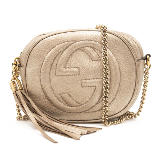 Gucci Metallic Pebbled Calfskin Mini Soho Chain Bag Golden Beige