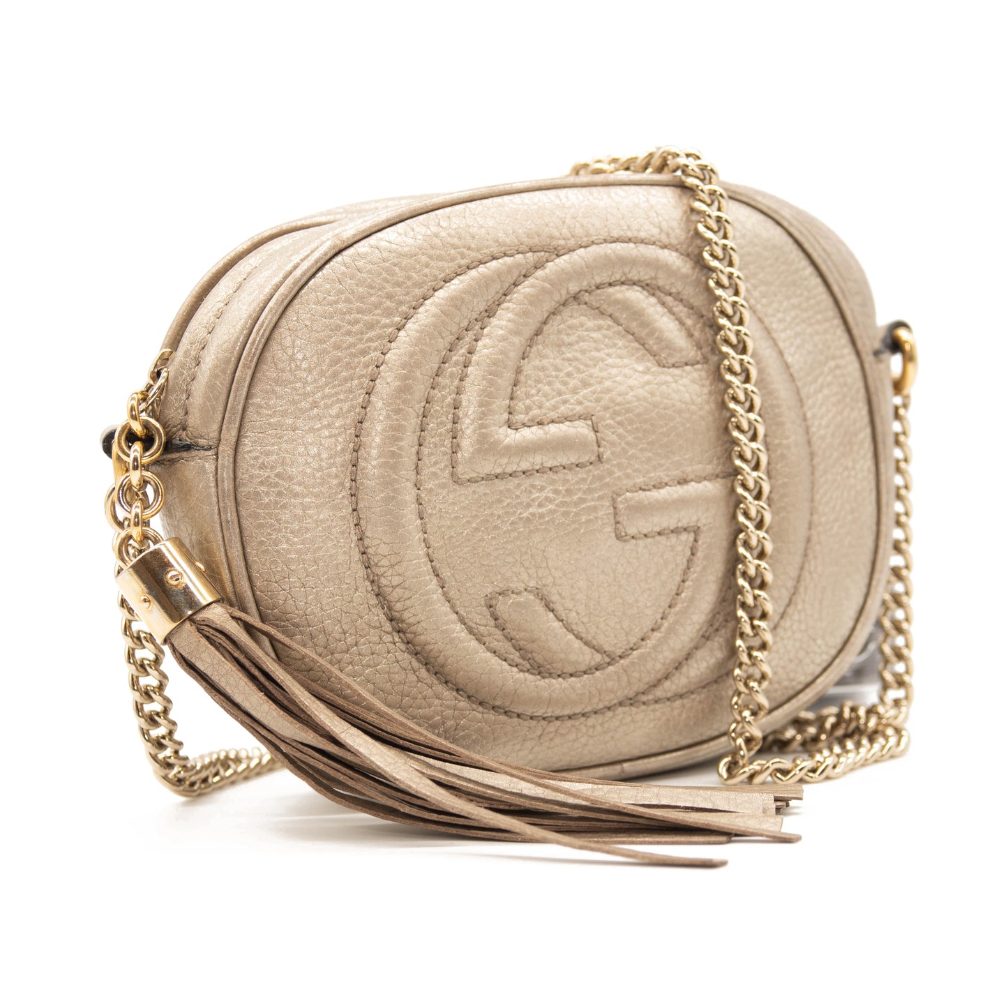 Gucci Metallic Pebbled Calfskin Mini Soho Chain Bag Golden Beige