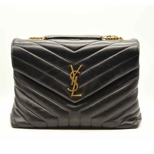SAINT LAURENT Calfskin Y Quilted Monogram Medium Loulou Chain Satchel Black
