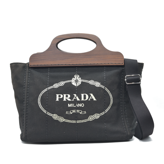 Prada Canvas Wood Handle Canapa Logo Satchel 2013