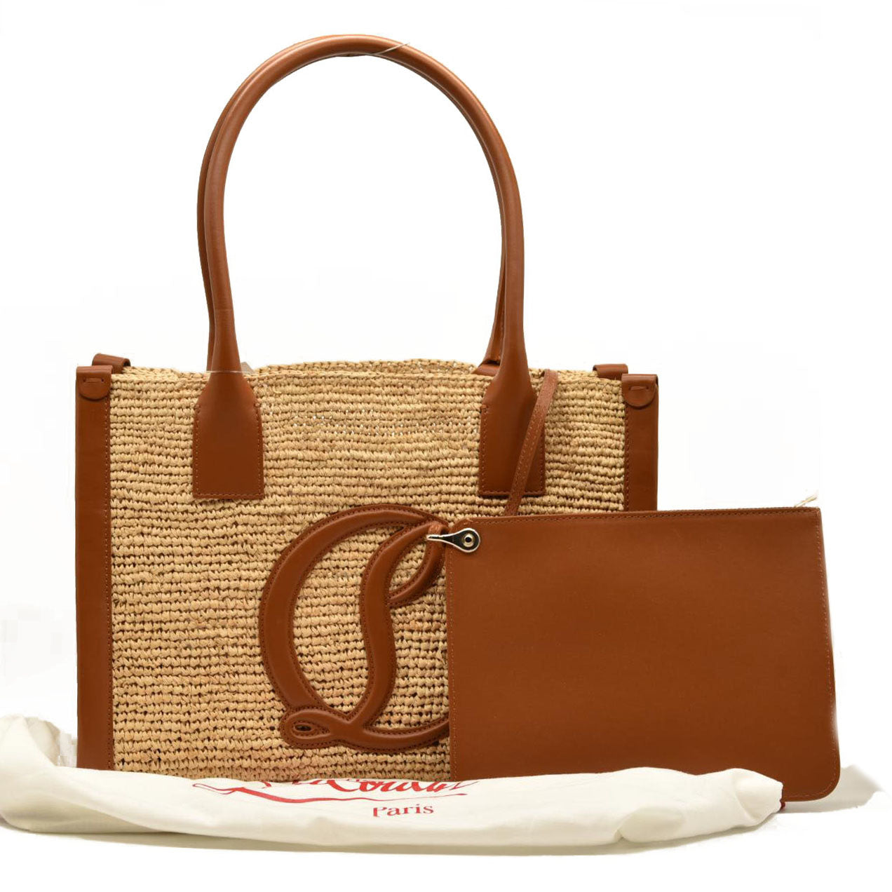 Christian Louboutin Small Raffia Calfskin By My Side Tote Natural Cuoio