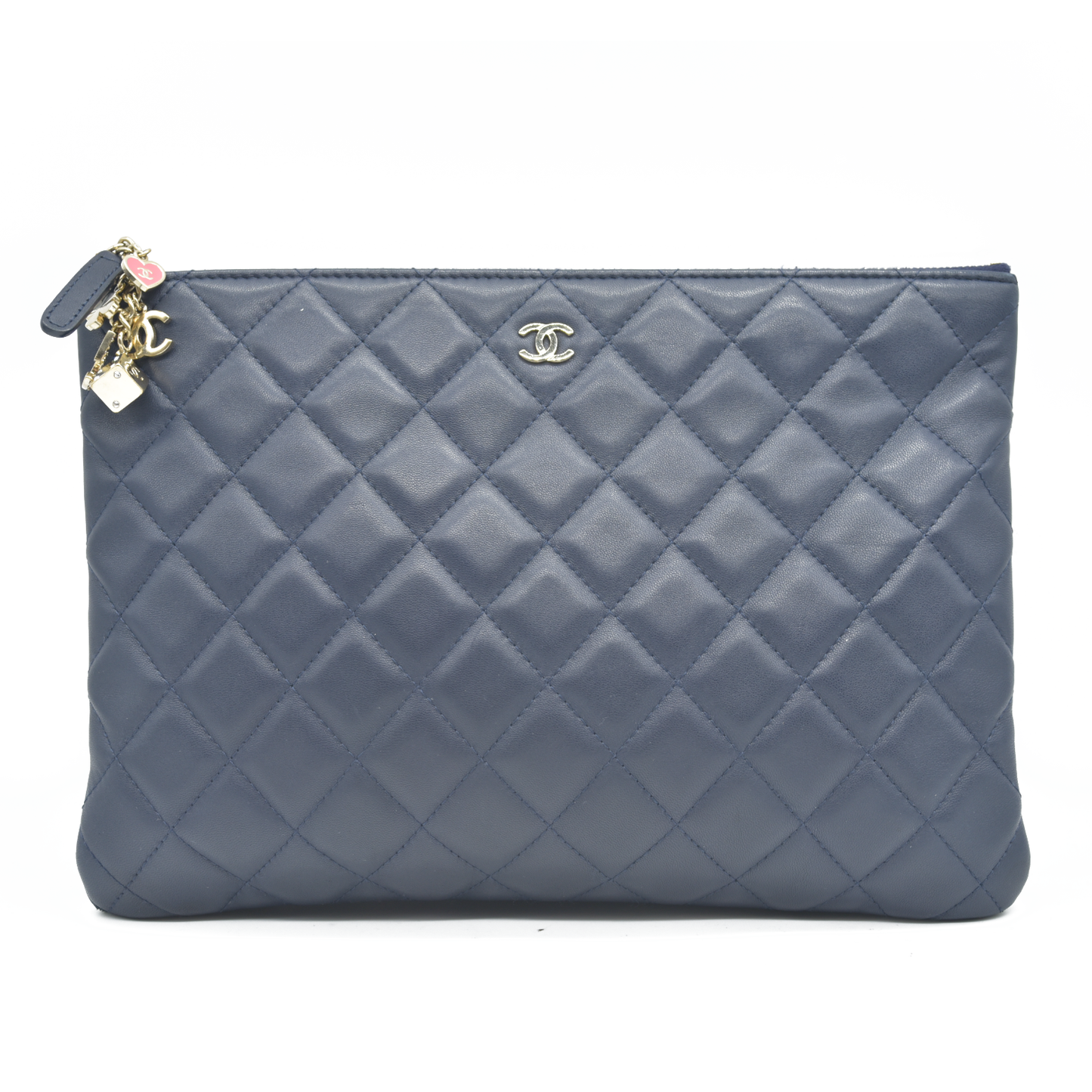 $1475 Chanel Navy Lambskin Classic Charm Decoration New Medium Clutch