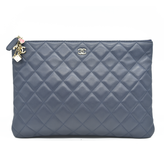 $1475 Chanel Navy Lambskin Classic Charm Decoration New Medium Clutch