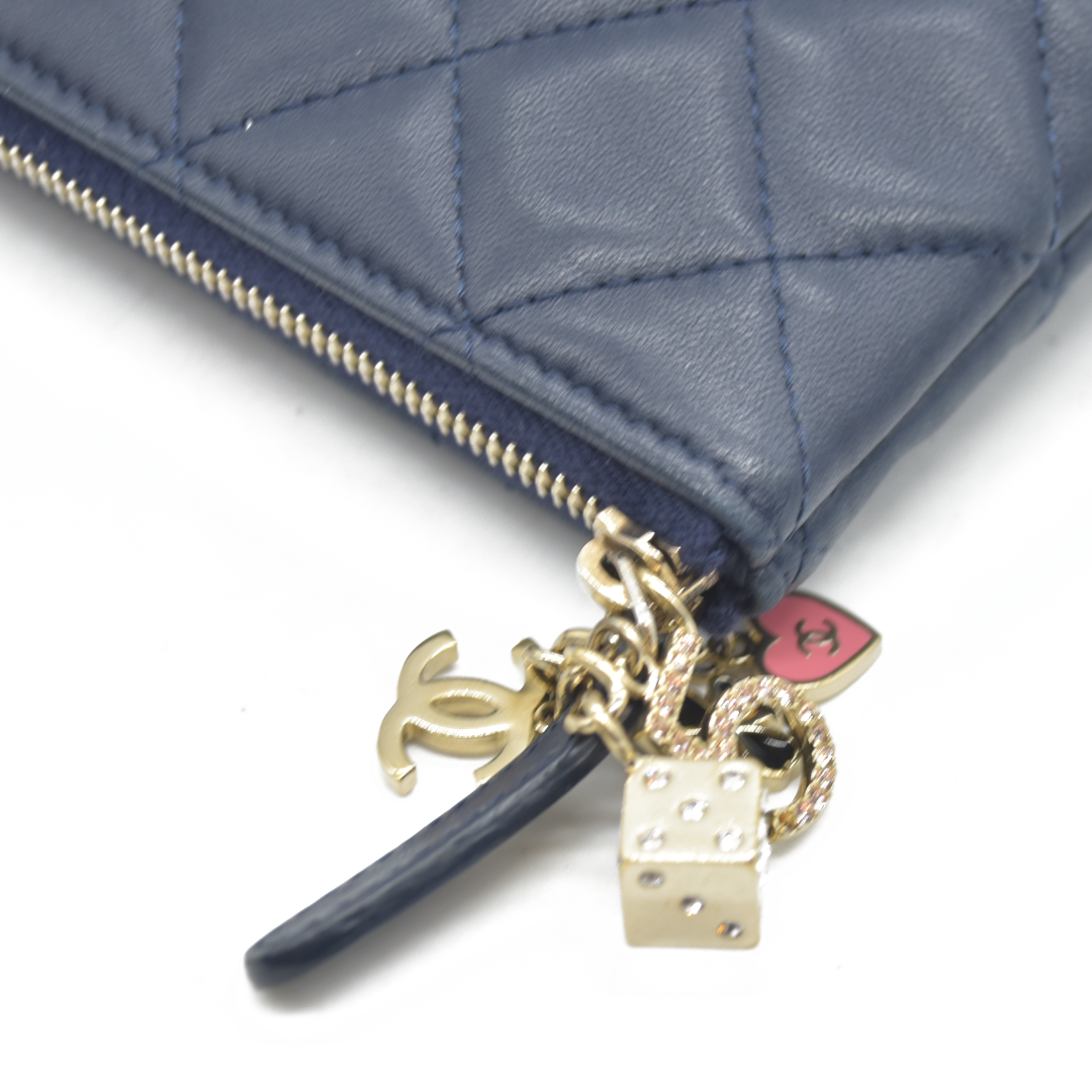 $1475 Chanel Navy Lambskin Classic Charm Decoration New Medium Clutch