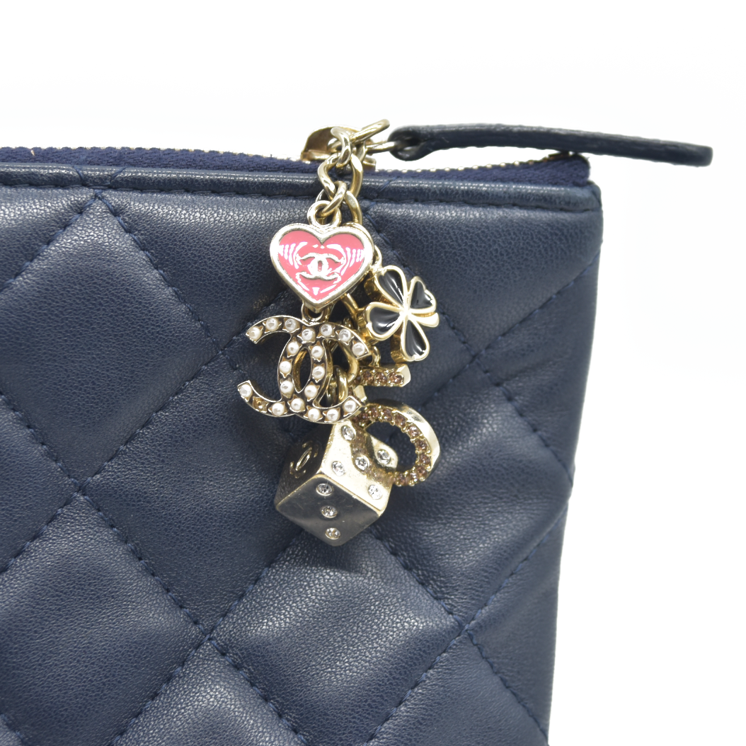 $1475 Chanel Navy Lambskin Classic Charm Decoration New Medium Clutch