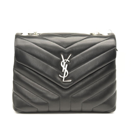 SAINT LAURENT Calfskin Y Quilted Monogram Small Loulou Chain Satchel Black