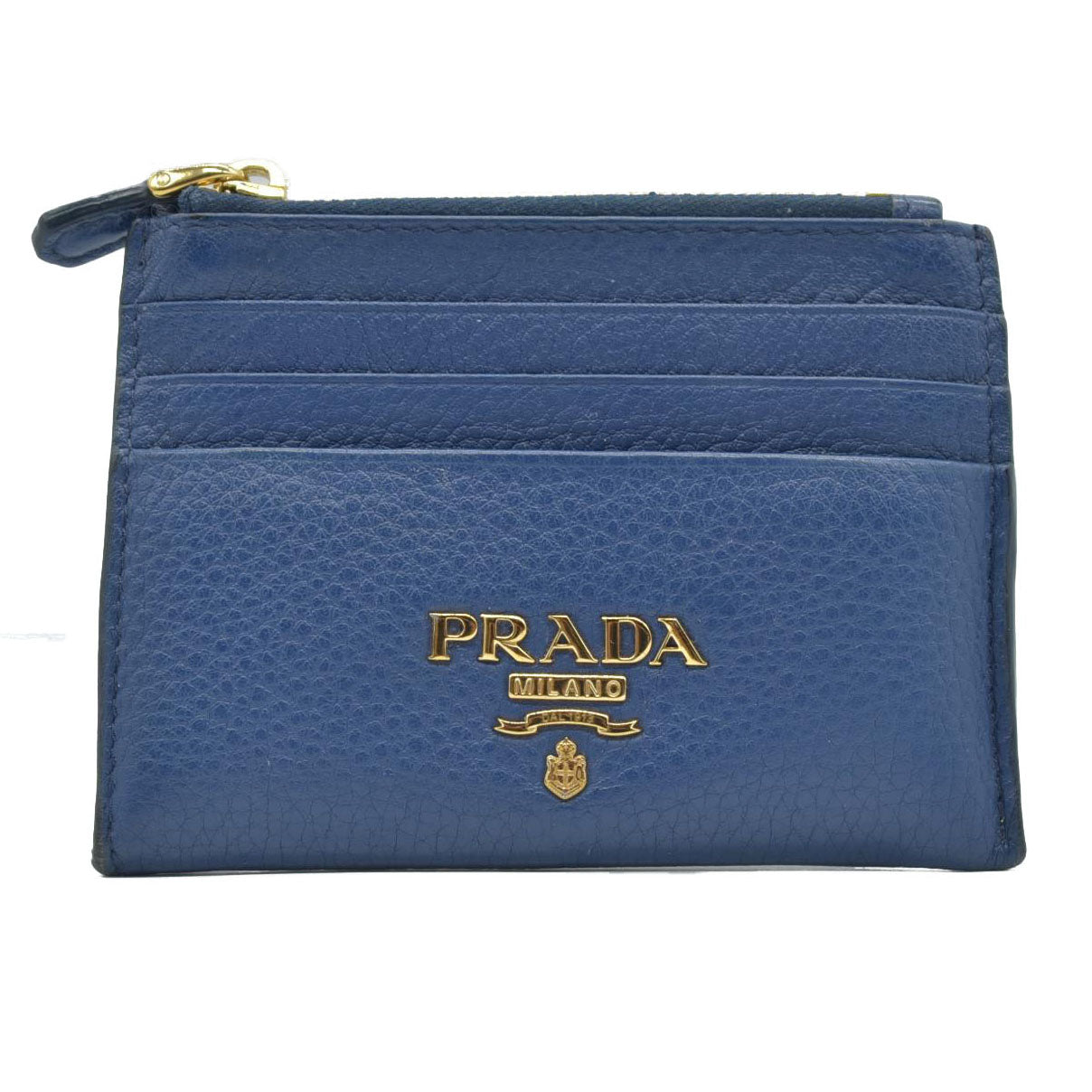 $725 Prada Zip Card Holder Pebbled Leather Blue CONSIGNMENT