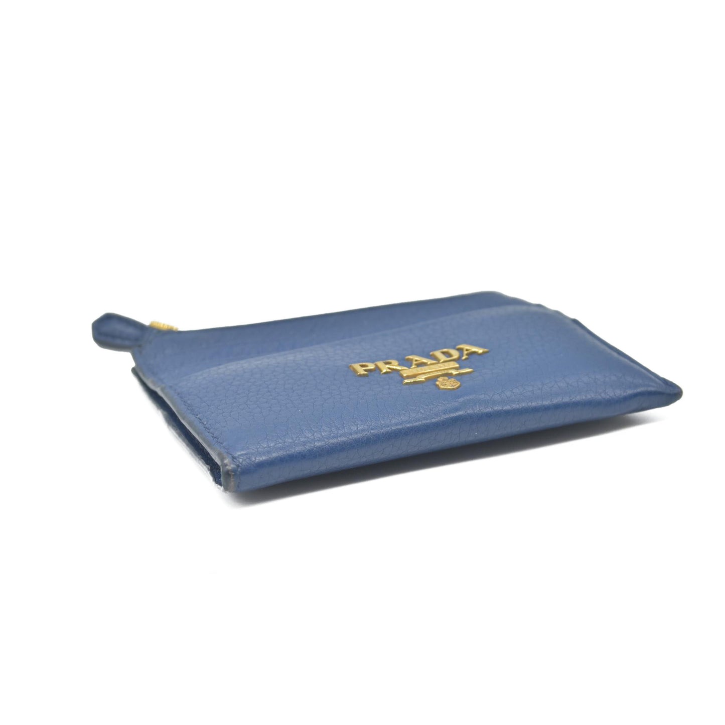 $725 Prada Zip Card Holder Pebbled Leather Blue CONSIGNMENT