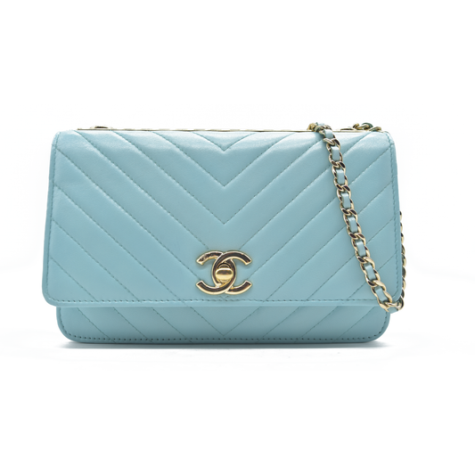 $3800 Chanel Trendy Chevron Wallet On A Chain Quilted Front Flap Turquoise 2019