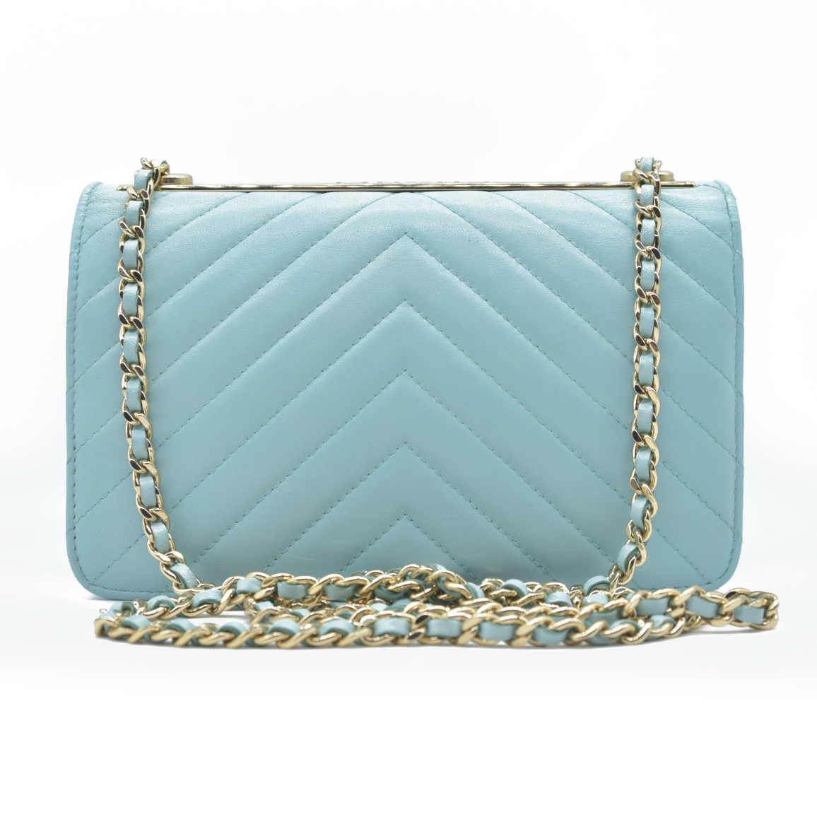 $3800 Chanel Trendy Chevron Wallet On A Chain Quilted Front Flap Turquoise 2019