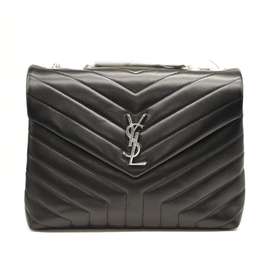 NEW SAINT LAURENT Calfskin Y Quilted Monogram Medium Loulou Chain Satchel Black