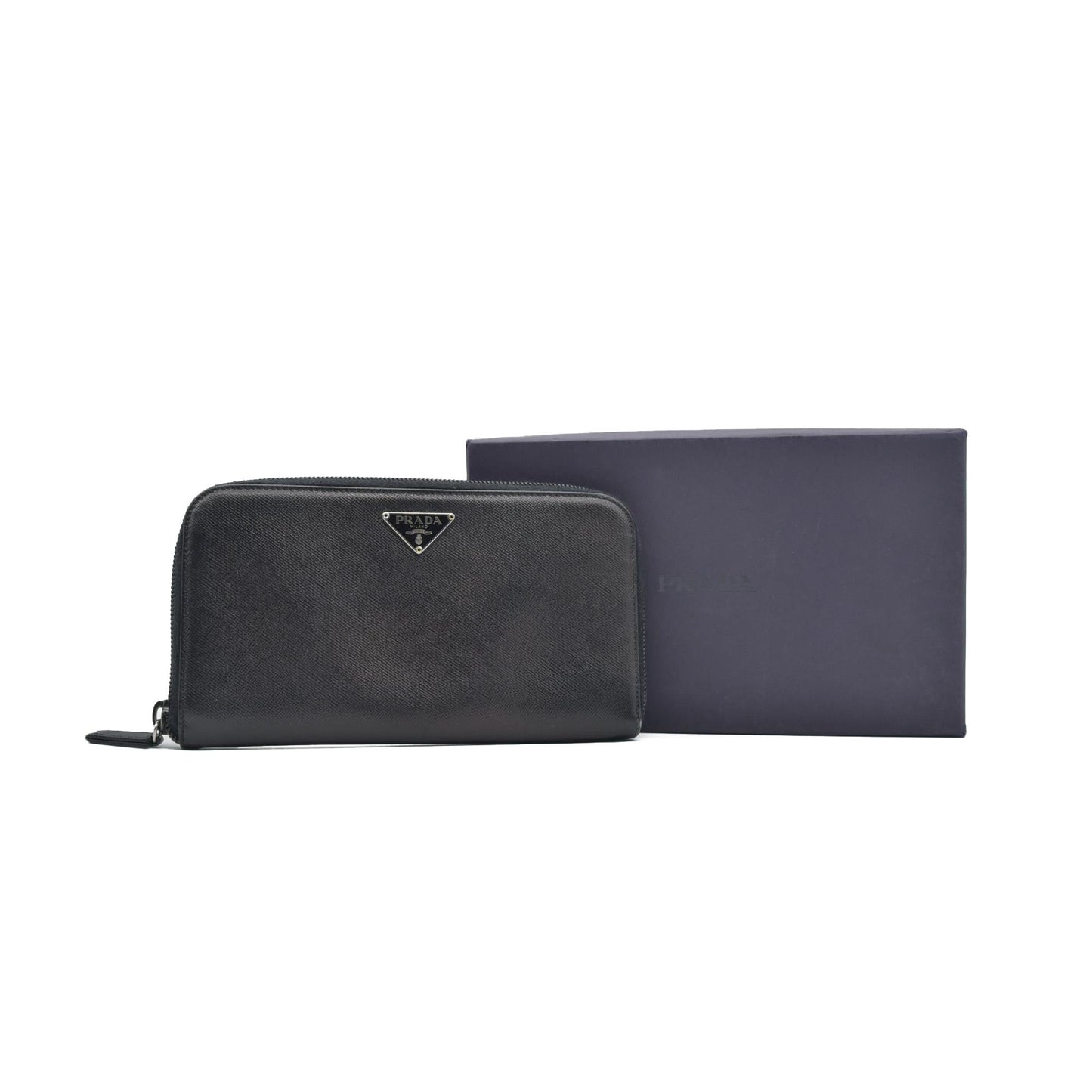 $1050 Prada Saffiano Triangle Zip Around Wallet Black CONSIGNMENT