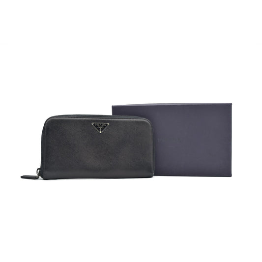 $1050 Prada Saffiano Triangle Zip Around Wallet Black CONSIGNMENT