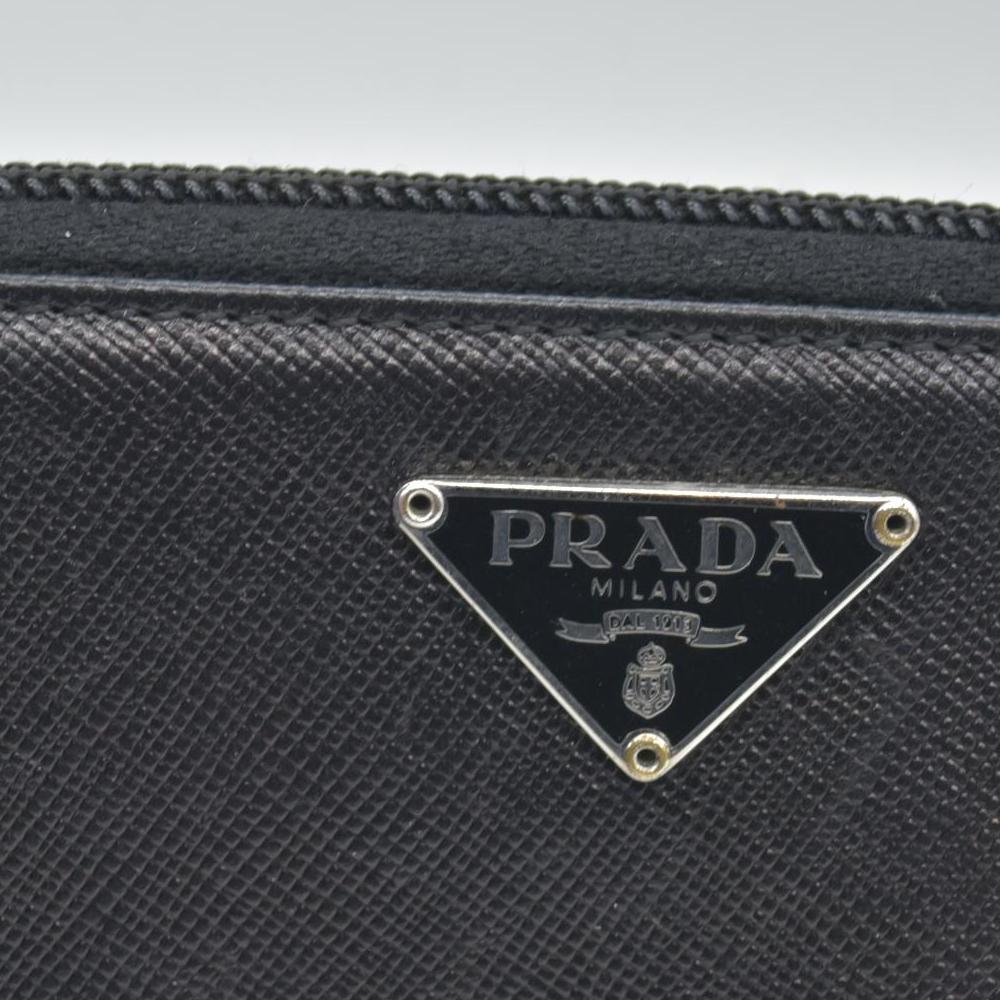 $1050 Prada Saffiano Triangle Zip Around Wallet Black CONSIGNMENT
