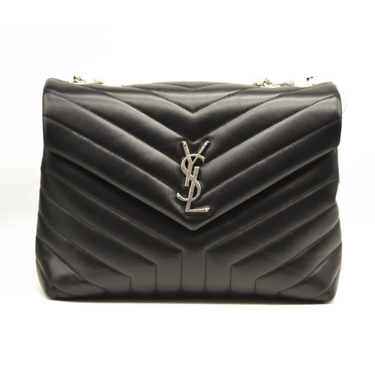 NEW SAINT LAURENT Calfskin Y Quilted Monogram Medium Loulou Chain Satchel Black