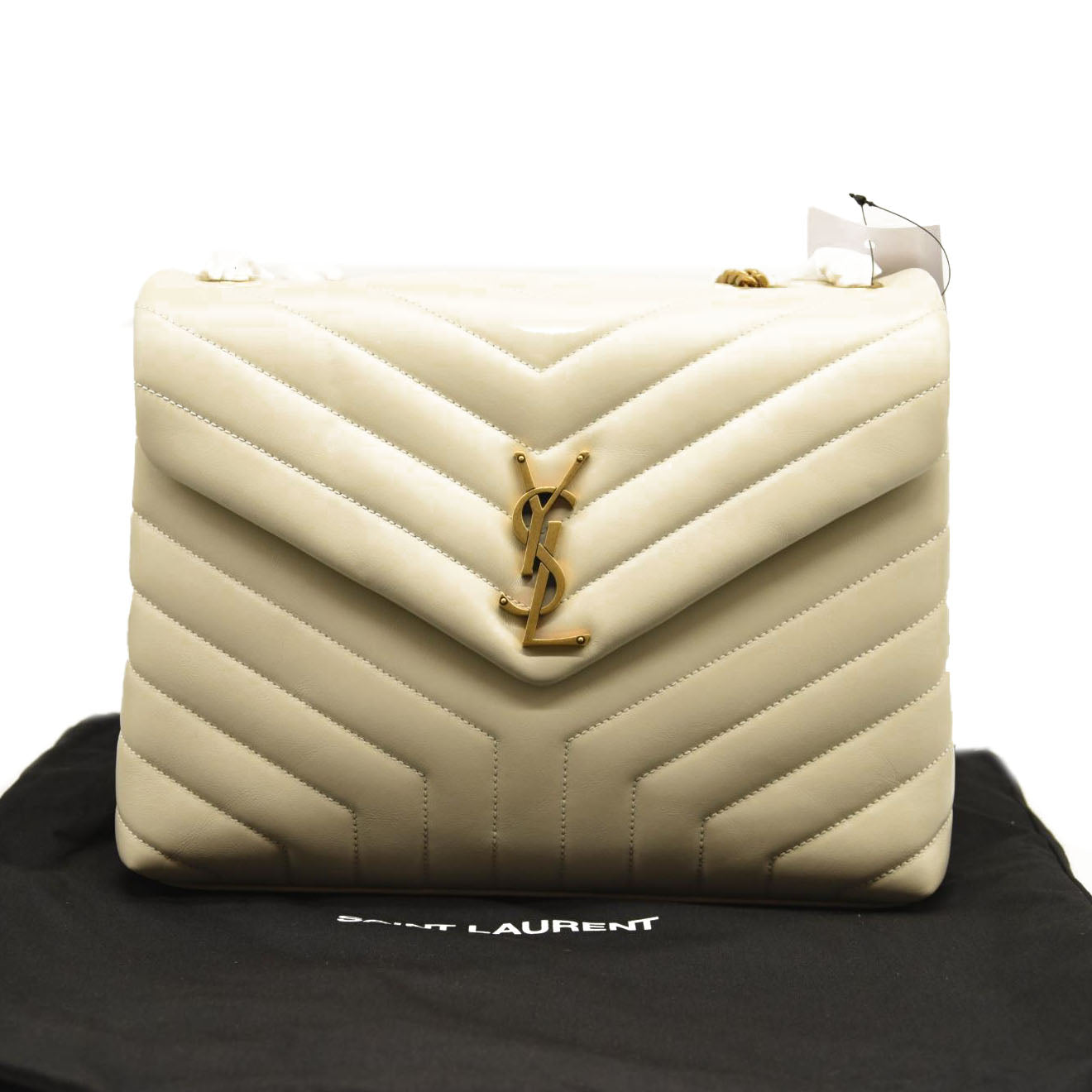 NEW SAINT LAURENT Calfskin Y Quilted Monogram Medium Loulou Chain Satchel Crema Soft