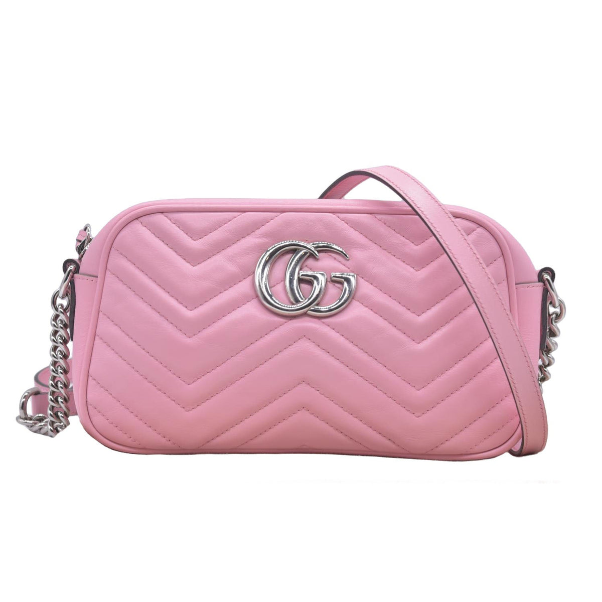 $1950 Gucci Calfskin Matelasse Small GG Marmont Chain Shoulder Bag Wild Rose CONSIGNMENT 10020900
