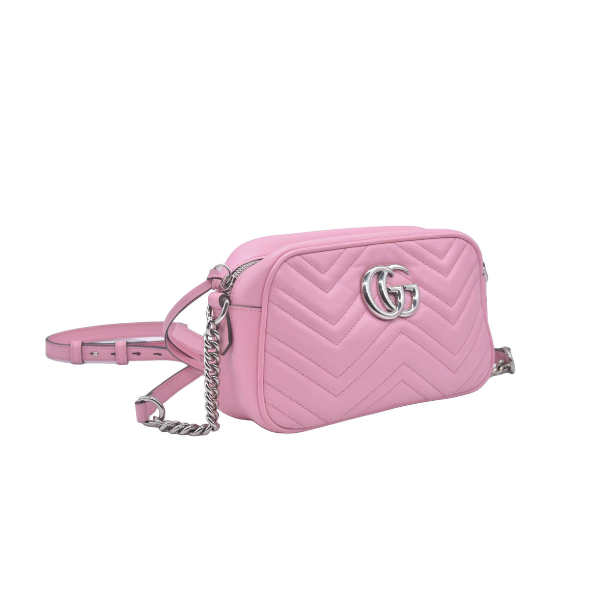$1950 Gucci Calfskin Matelasse Small GG Marmont Chain Shoulder Bag Wild Rose CONSIGNMENT 10020900