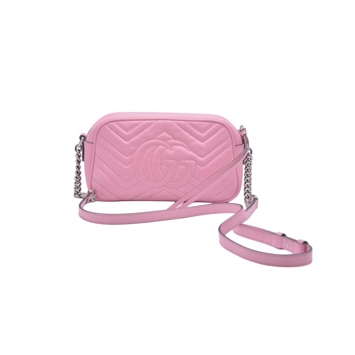 $1950 Gucci Calfskin Matelasse Small GG Marmont Chain Shoulder Bag Wild Rose CONSIGNMENT 10020900