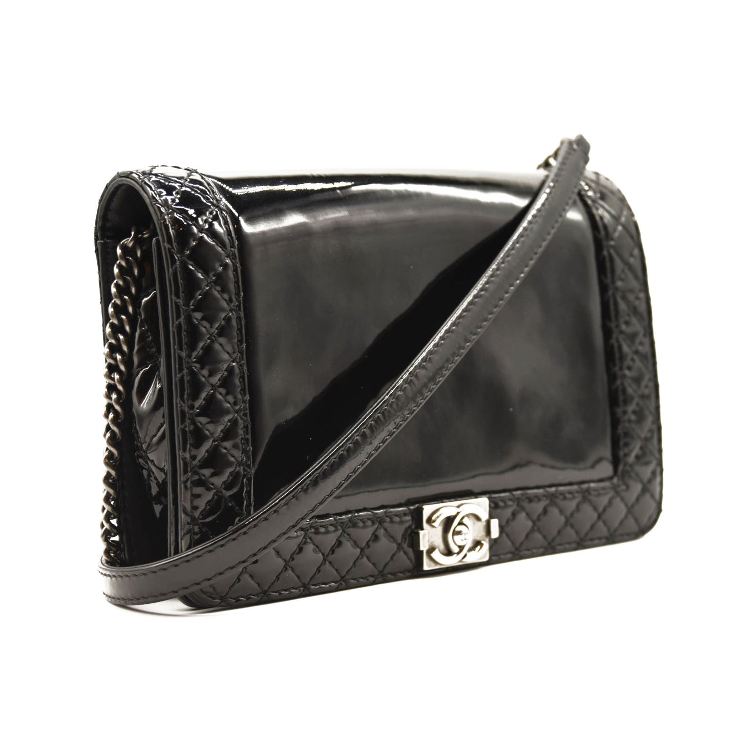 CHANEL Patent Chain Wallet Boy Reverso Flap Black Crossbody