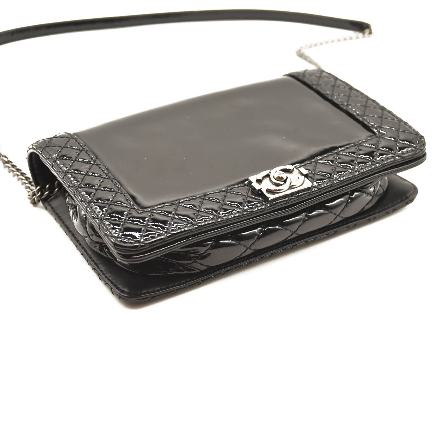 CHANEL Patent Chain Wallet Boy Reverso Flap Black Crossbody