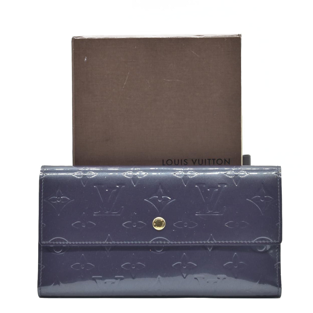 $880 2004 Louis Vuitton Vernis Sarah Wallet Purple Grey CONSIGNMENT TH1024