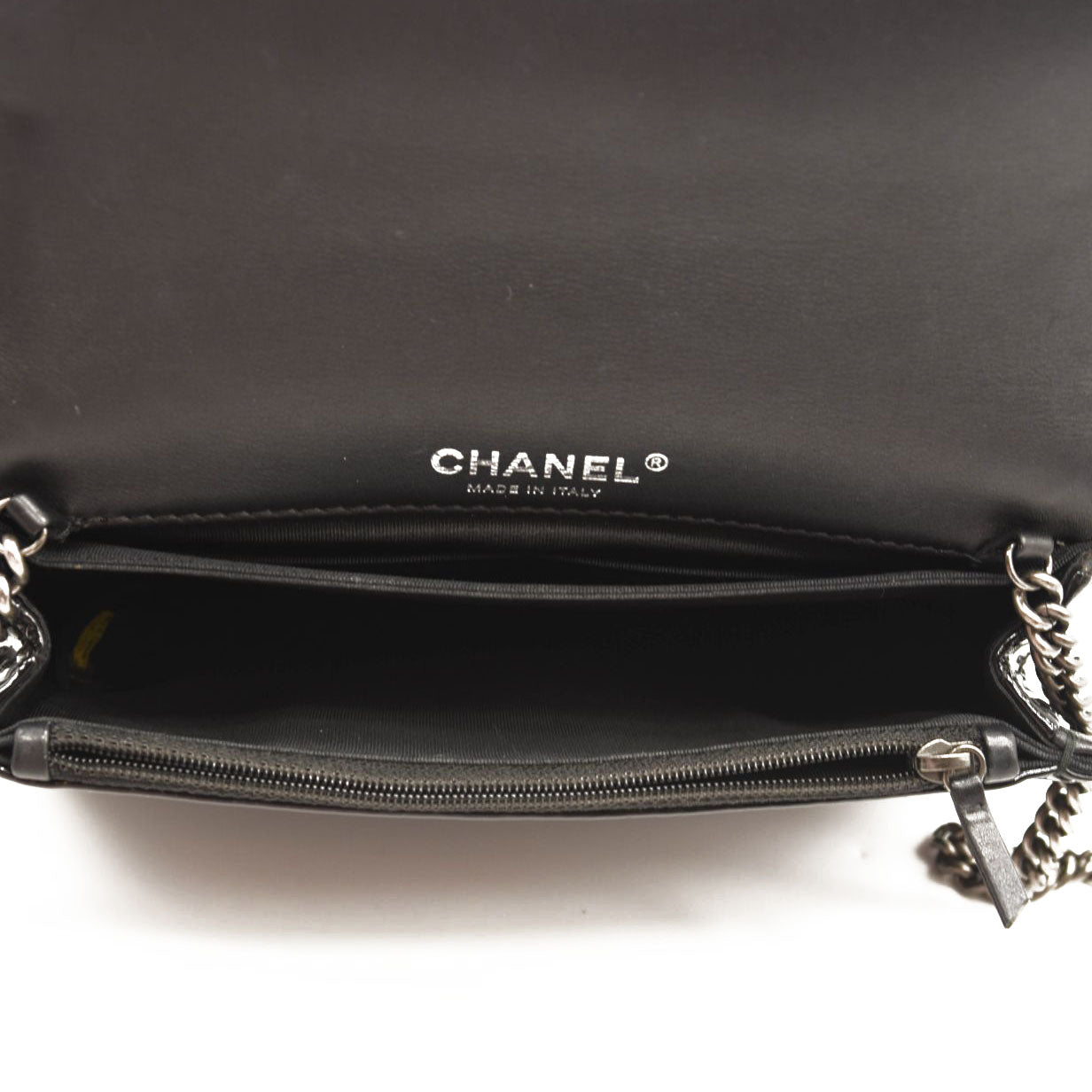 CHANEL Patent Chain Wallet Boy Reverso Flap Black Crossbody