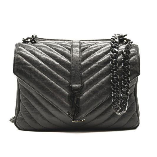 Saint Laurent Sheepskin Matelasse Chevron Monogram Monochrome Medium College Bag Black