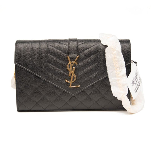 Saint Laurent Classic Monogram Chain Wallet Mixed Matelasse Leather Medium Black Gold