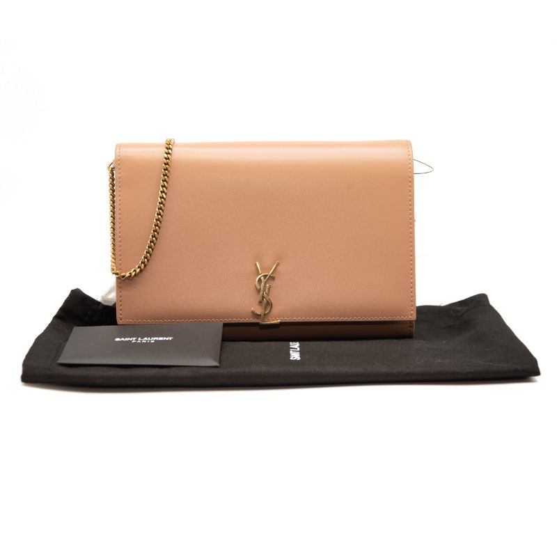 NEW Saint Laurent Glossy Calfskin Monogram Chain Wallet Dark Beige