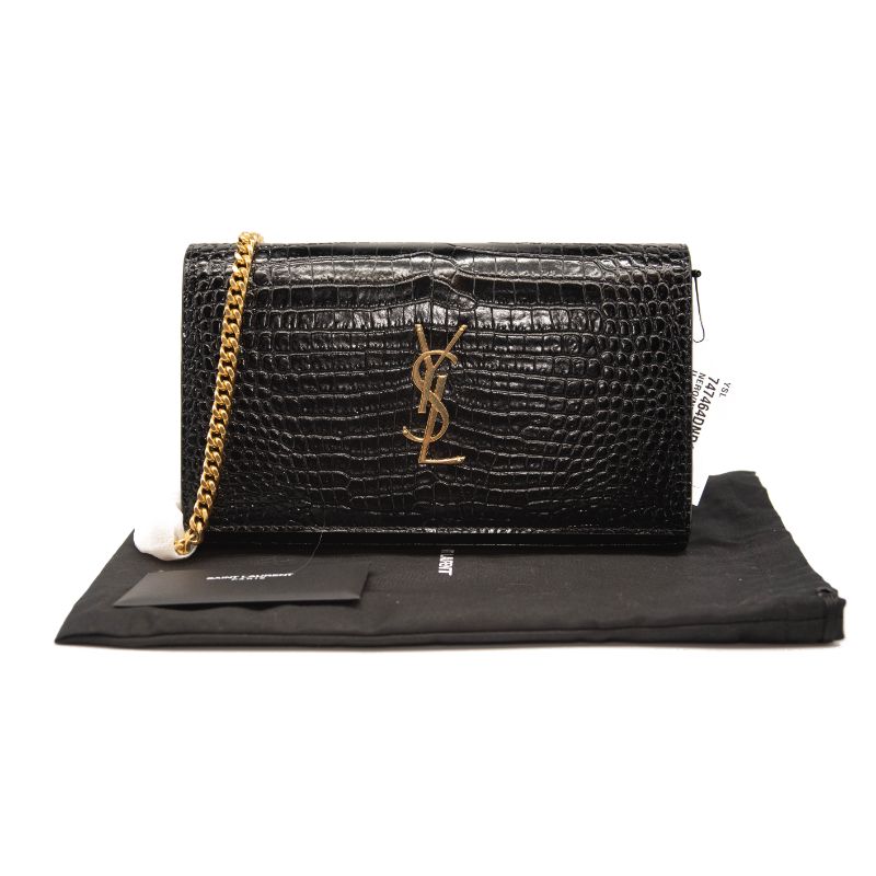 Saint Laurent Croc Embossed Leather Wallet on a Chain