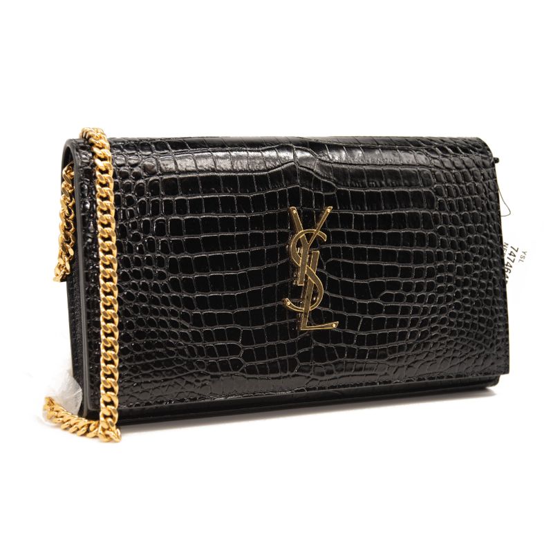 Saint Laurent Croc Embossed Leather Wallet on a Chain