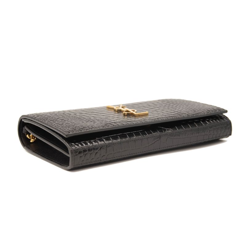 Saint Laurent Croc Embossed Leather Wallet on a Chain