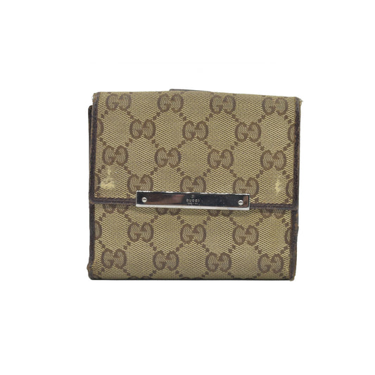 GUCCI GG Canvas Leather Compact Wallet Bifold Double Snap Beige CONSIGNMENT