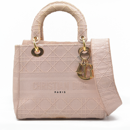 $4500 Christian Dior Canvas Embroidered Cannage Medium Lady D-Lite Pink