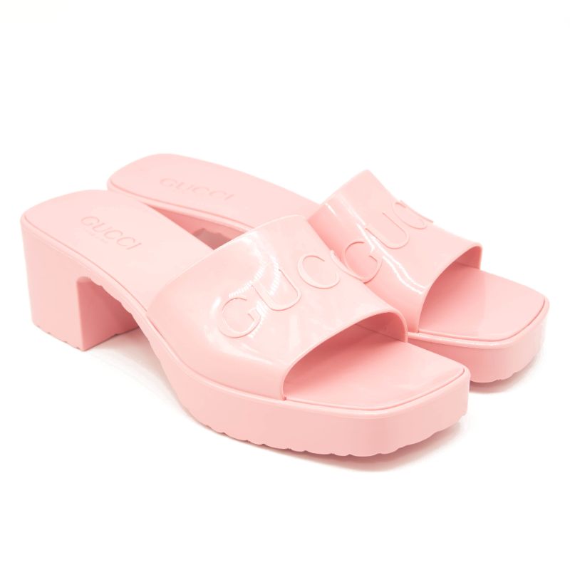 NEW Gucci Rubber Logo Platform Slide Sandal Pink EU 38