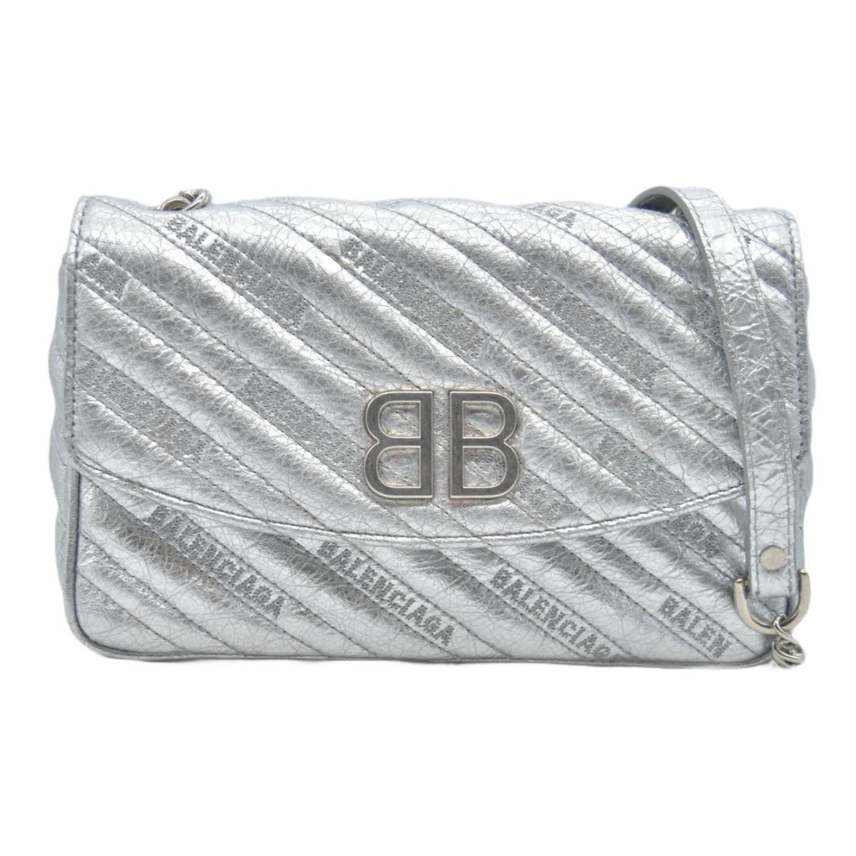 $2250 2018 Balenciaga Metallic Arena Calfskin Logo Matelasse S BB Round Shoulder Bag Argent