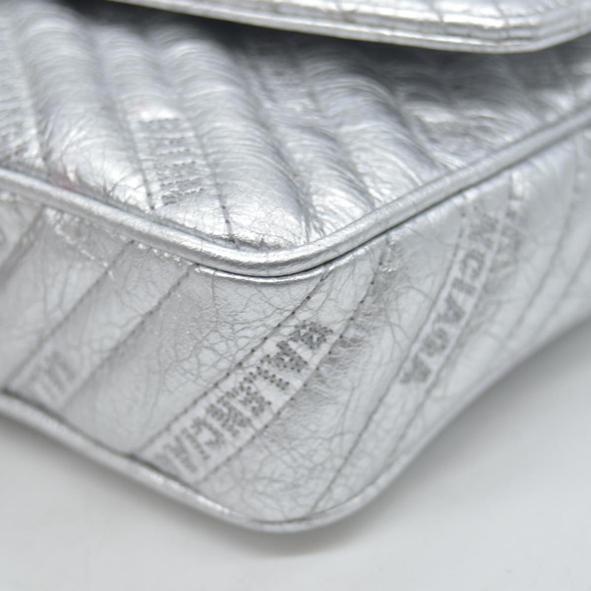 $2250 2018 Balenciaga Metallic Arena Calfskin Logo Matelasse S BB Round Shoulder Bag Argent