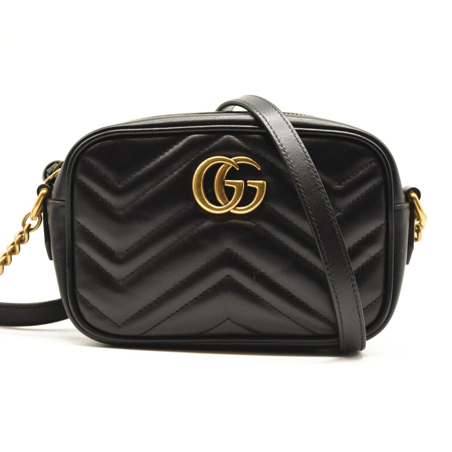 GUCCI Calfskin Matelasse Mini GG Marmont Chain Shoulder Bag Black