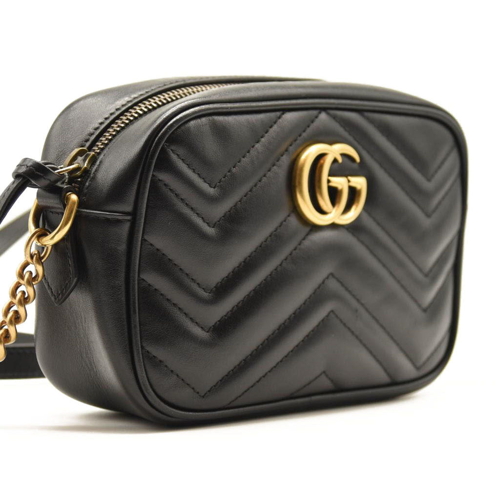 GUCCI Calfskin Matelasse Mini GG Marmont Chain Shoulder Bag Black