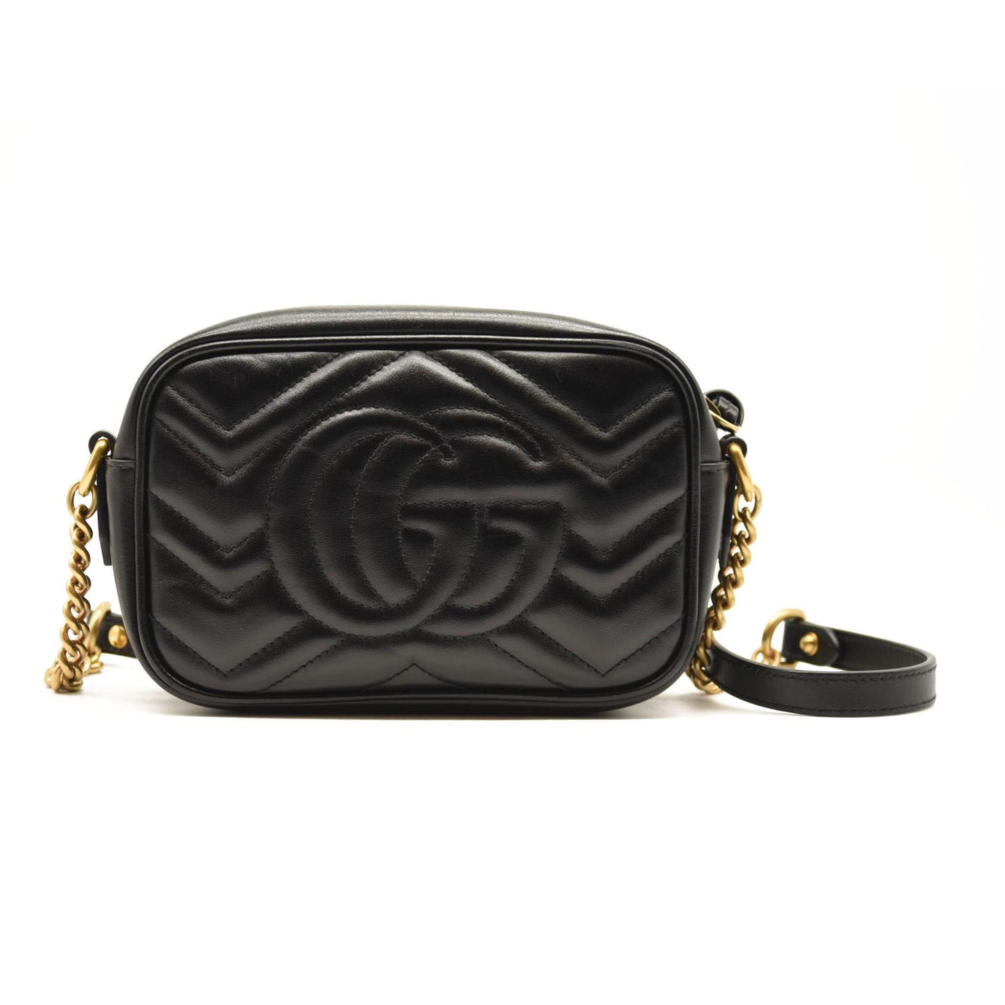 GUCCI Calfskin Matelasse Mini GG Marmont Chain Shoulder Bag Black