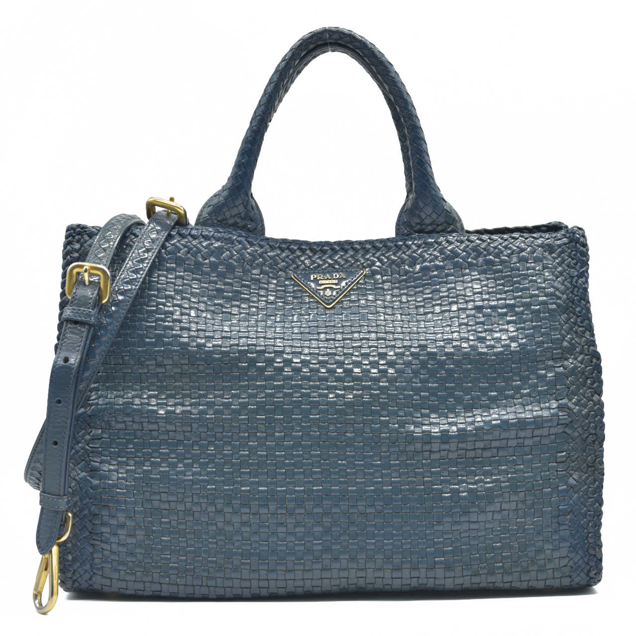 AUCTION $3900 Prada  Goatskin Woven Shopping Tote Blue Leather