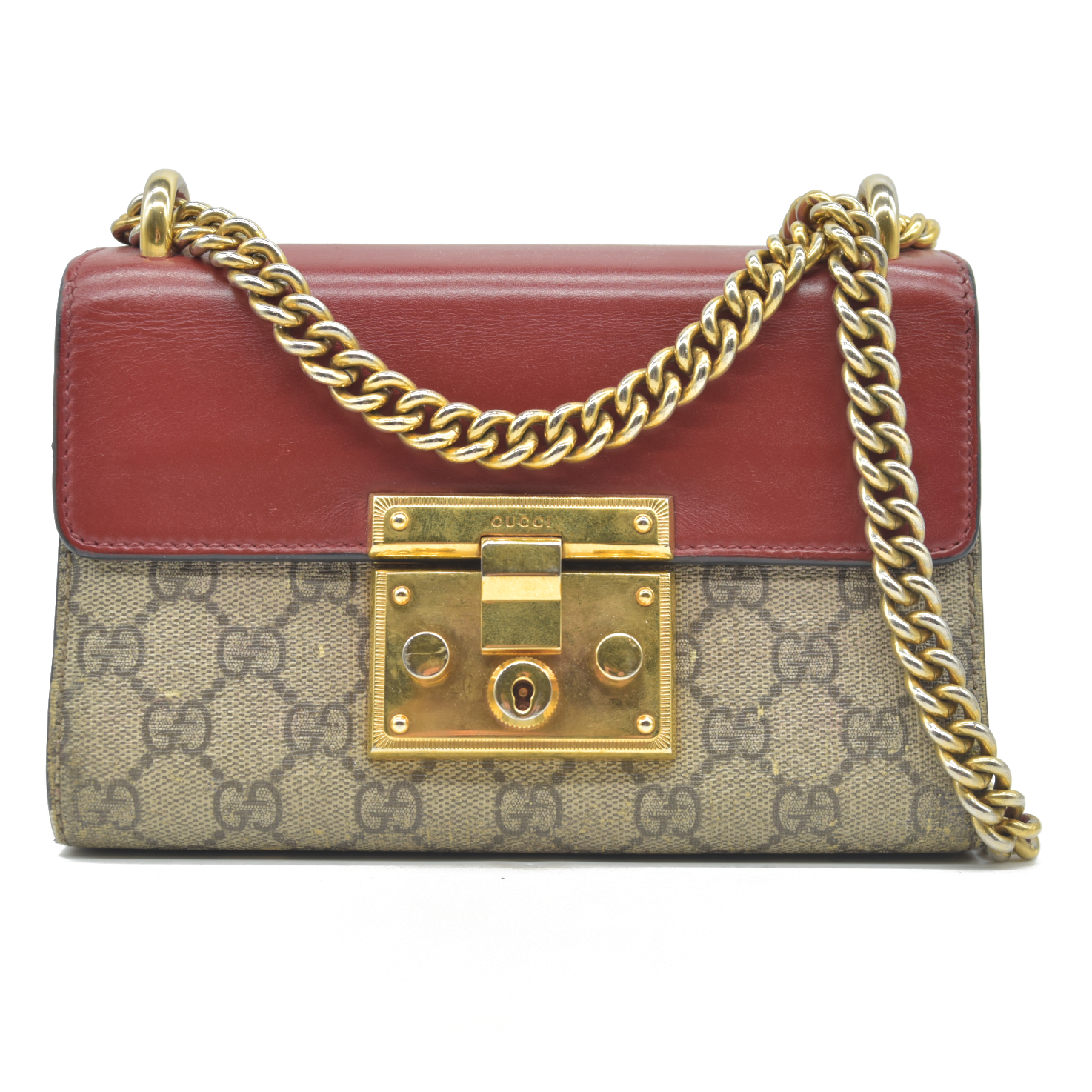 AUCTION $1960 USED GUCCI GG Supreme Monogram Calfskin Small Padlock Sh ...
