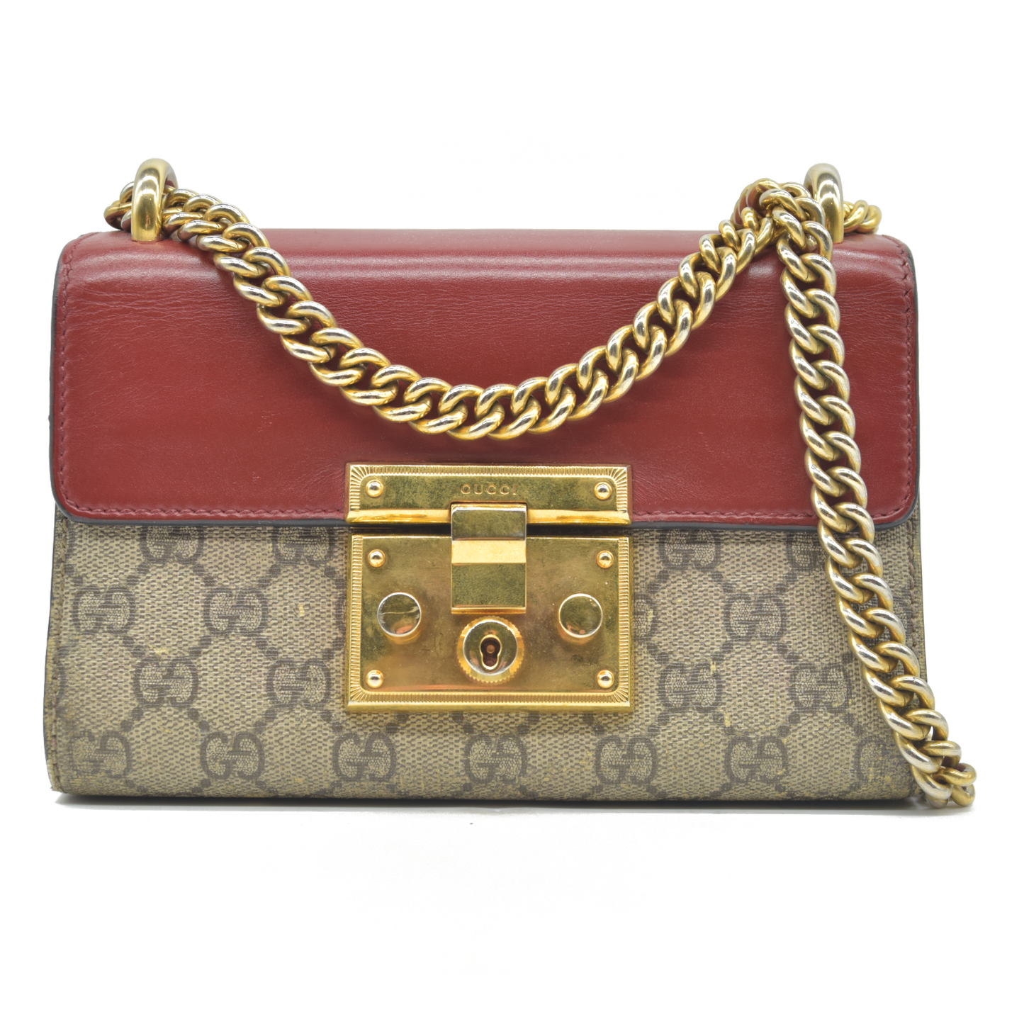 AUCTION $1960 USED GUCCI GG Supreme Monogram Calfskin Small Padlock Shoulder Bag Beige Hibiscus Red New Rosette