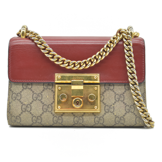 AUCTION $1960 USED GUCCI GG Supreme Monogram Calfskin Small Padlock Shoulder Bag Beige Hibiscus Red New Rosette