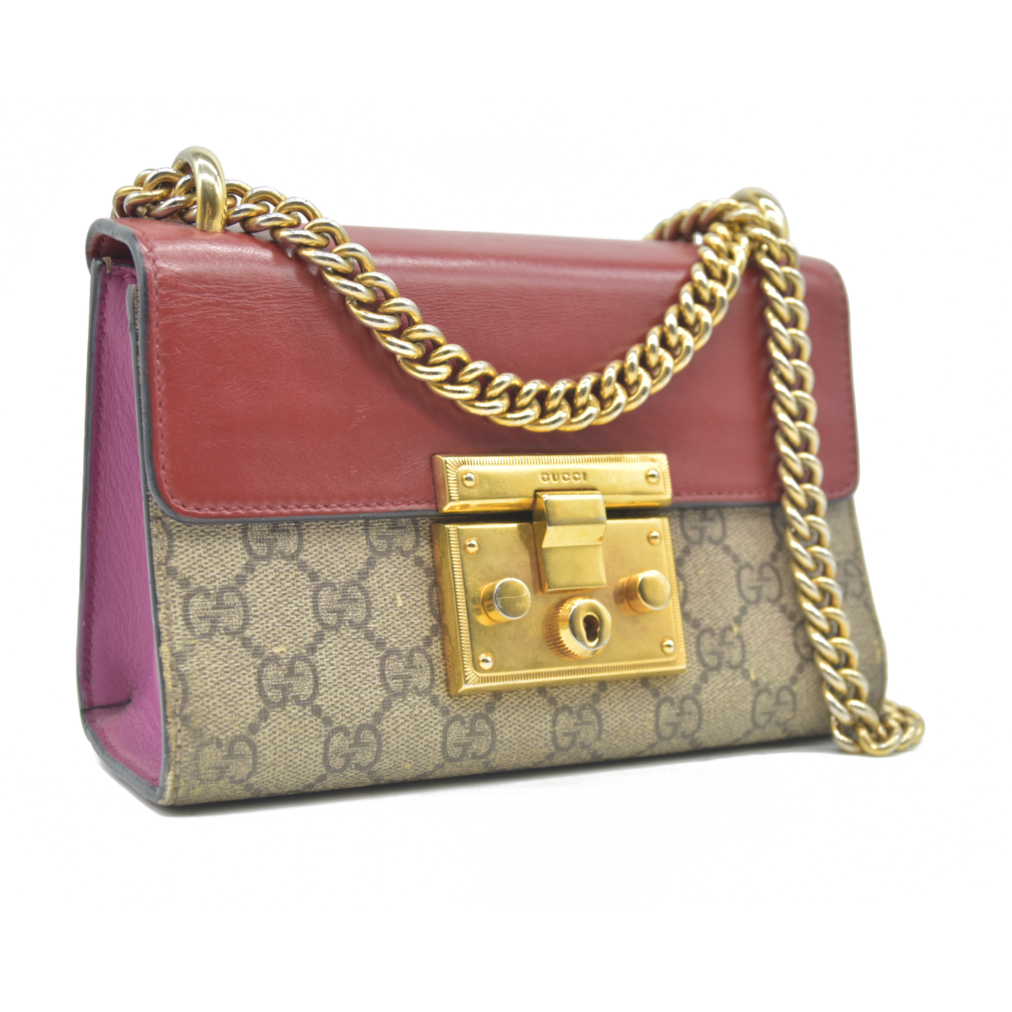 AUCTION $1960 USED GUCCI GG Supreme Monogram Calfskin Small Padlock Shoulder Bag Beige Hibiscus Red New Rosette
