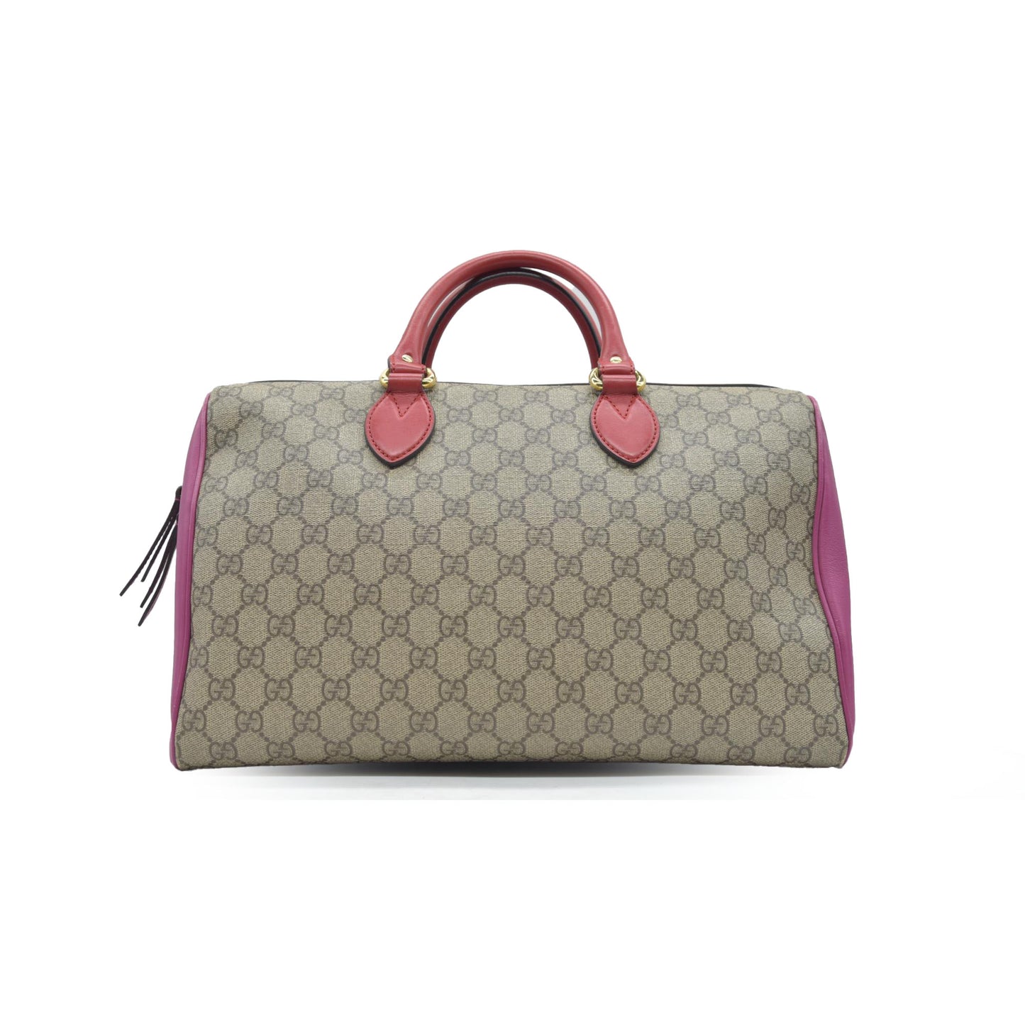 $2980 Gucci GG Supreme Monogram Moon Calfskin Small Boston Beige Ebony Hibiscus Red New Rosette