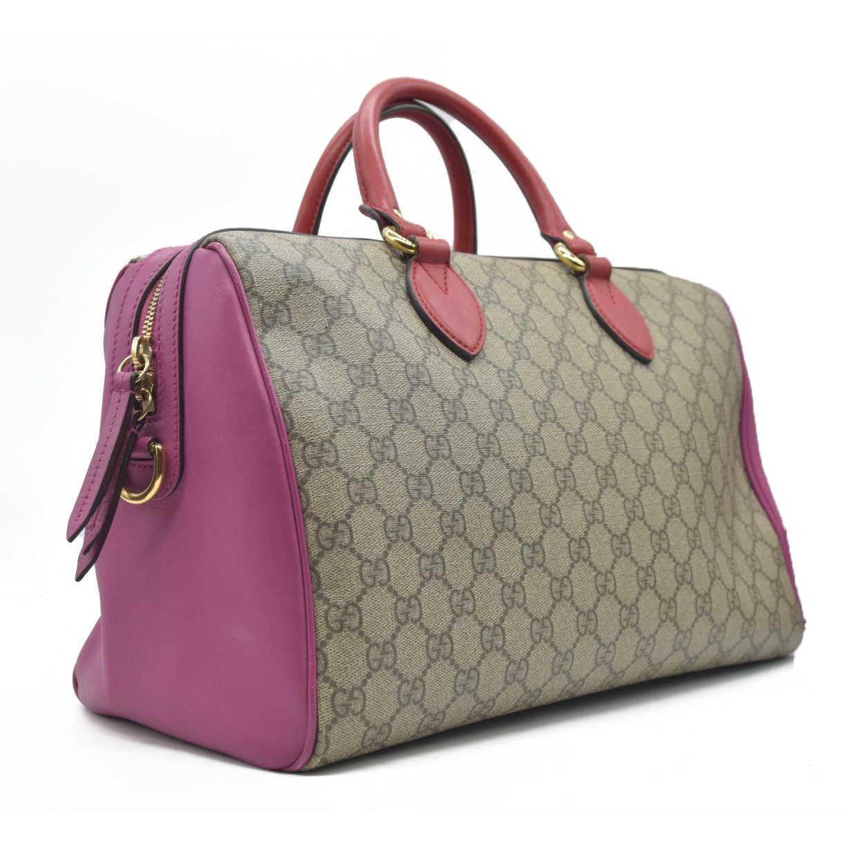 $2980 Gucci GG Supreme Monogram Moon Calfskin Small Boston Beige Ebony Hibiscus Red New Rosette
