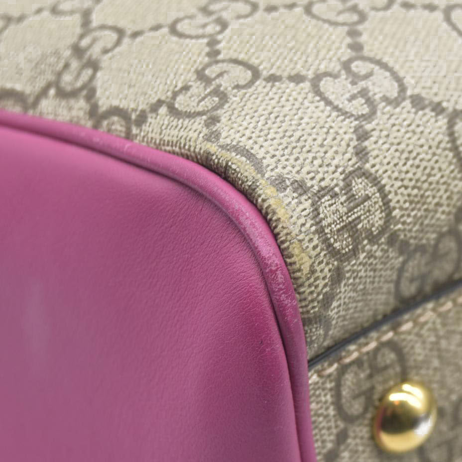 $2980 Gucci GG Supreme Monogram Moon Calfskin Small Boston Beige Ebony Hibiscus Red New Rosette